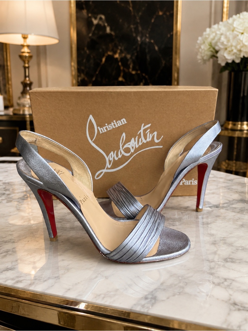 Christian Louboutin Marie Pli100 Silver Metallic Calf Laminato Leather Slingback
